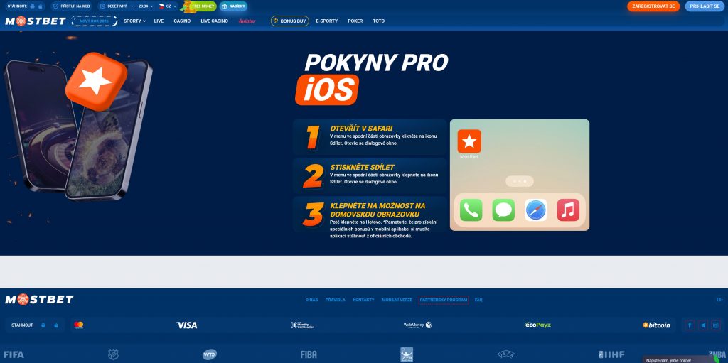 Pokyny pro instalaci mobilní aplikace Mostbet na iOS zařízení.